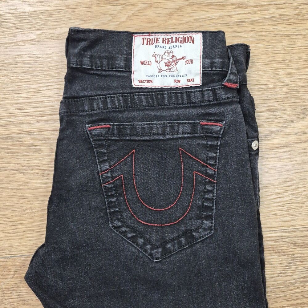 True Religion Jeans Men's 31 Ricky Relaxed Black Red Stitched Pocket Denim Pants